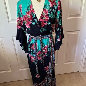 Umgee | Elegant Floral Wrap Midi Dress | Black and Teal